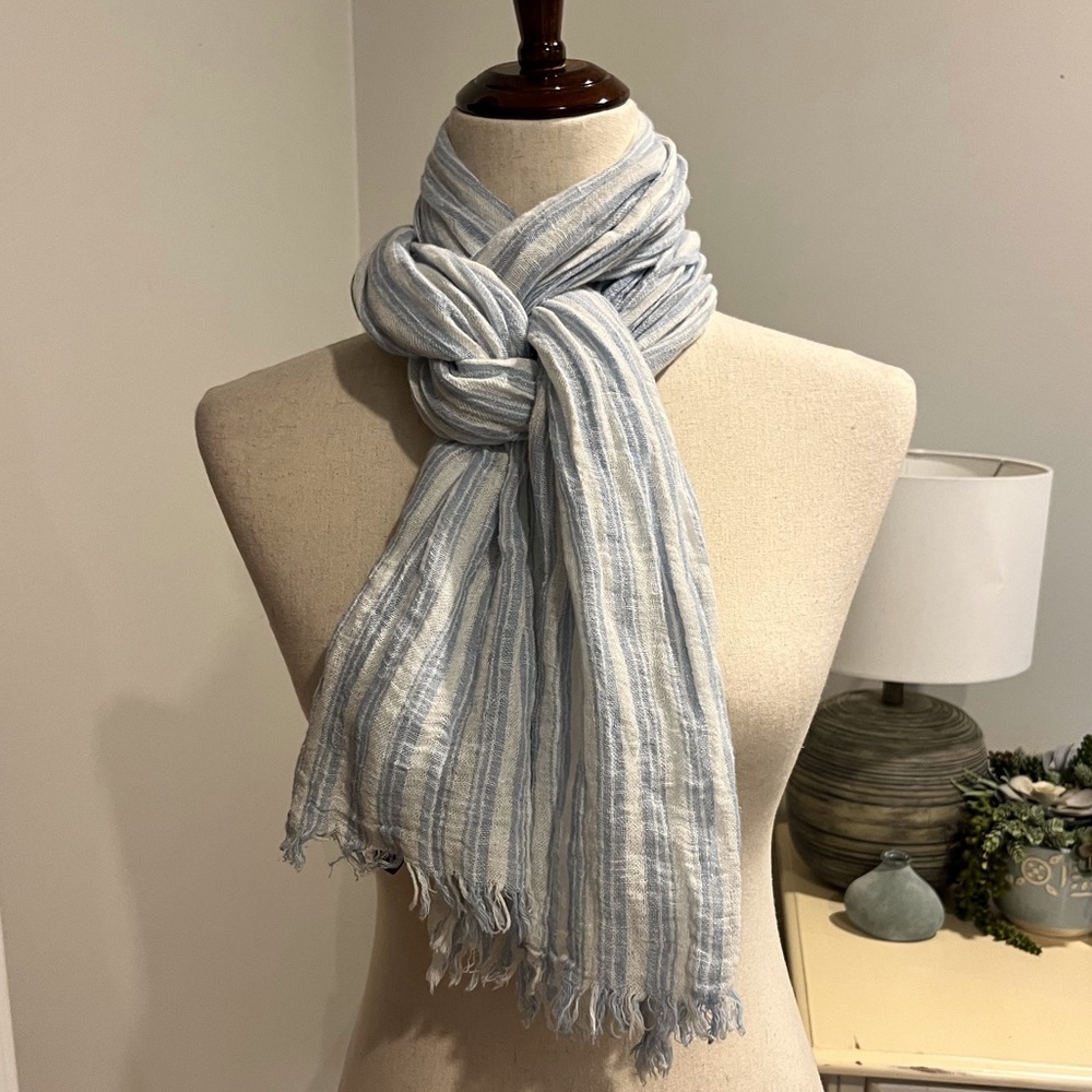 Sara Jane Blue & White Wrap Scarf Raw Edge